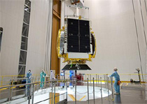 The GSAT-8 being integrated into the Ariane-5 rocket at Kourou. Image: Arianespace